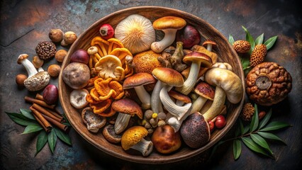 Autumnal Harvest A Bountiful Collection of Wild Mushrooms and Forest Delights in a Rustic Wooden Bowl