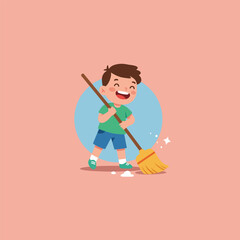 Boy Sweeping Floor Cartoon Illustration Doing Household Chore with Broom