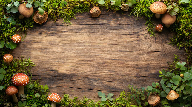 A realistic rustic wooden background adorned with fresh green moss, clovers, and various wild mushrooms