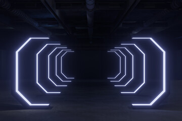 Empty display in hall.The backdrop for exhibition stands, booth,product,trade show.Conversation for activity,meeting.Big room for entertainment,event,sports.Indoor for Factory,showroom.3d render.