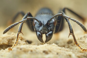 Close-up view of an ant showcasing detailed features in a natural setting during daylight