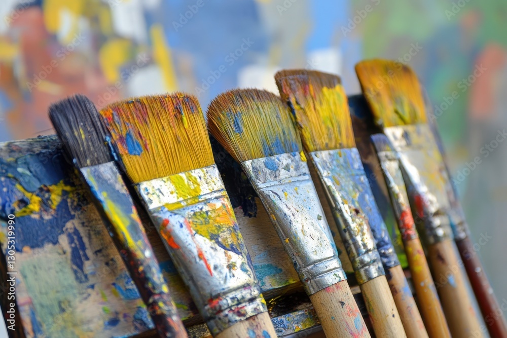 Poster paint brushes arranged on a wooden holder display a vibrant range of colors and textures in an artis
