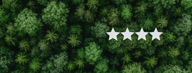 Lush greenery fills the landscape featuring stars and a checkmark symbolizing top environmental quality in an eco-friendly forest
