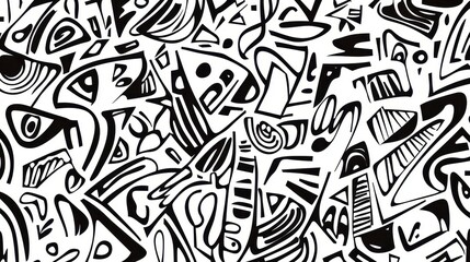 A black and white abstract painting with many shapes and lines
