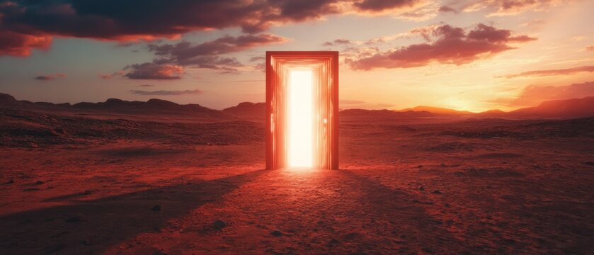 A glowing door stands in an expansive desert under a dramatic sunset, hinting at a portal to a new world.