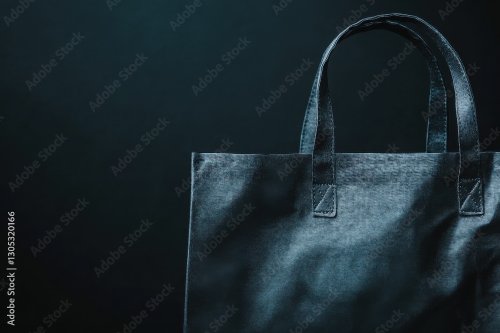 Poster stylish black reusable tote bag against dark background showcasing eco-friendly shopping alternative