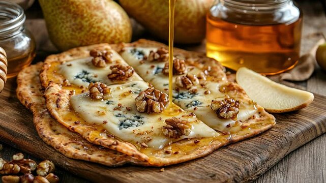 pita bread with cheese and nuts. Selective focus
