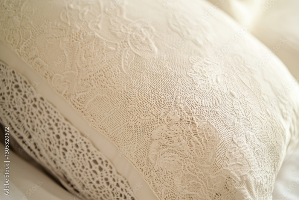 Poster soft cream decorative pillow with intricate lace patterns placed on a cozy bed in a serene bedroom s