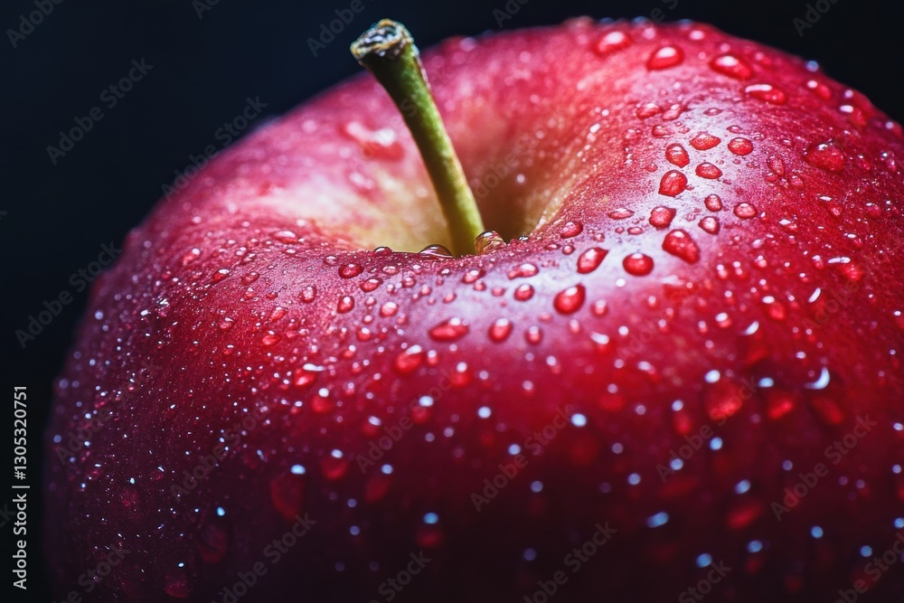 Poster fresh red apple covered in dew droplets showcasing its vibrant color and texture