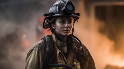A determined female firefighter in full gear, standing in front of a blazing building, smoke rising behind her, gripping a fire hose, sweat and soot on her face