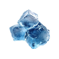 Three pieces of blue ice are arranged closely on a clear background, highlighting various shades of blue and sharp edges. Each cube displays a unique pattern and clarity in its form.