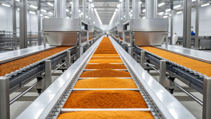 food technology concept, Automated spice blending facility with vibrant spices on conveyor belts