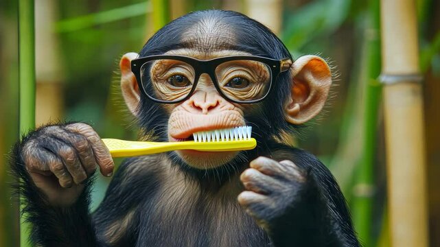 Monkey with a toothbrush. Selective focus