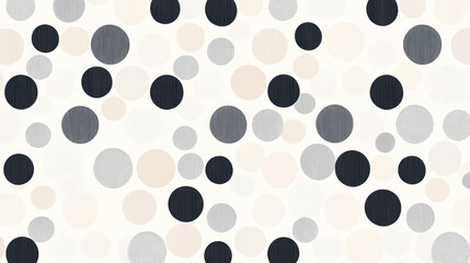 Minimal polka dots in black, gray, and beige on white background create sharp and precise repeating circular pattern, evoking modern and clean aesthetic