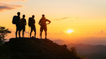 Hikers silhouetted against a sunset backdrop.