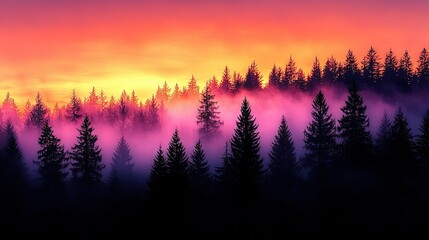  A lush forest dotted with tall trees, bathed in the warm hues of a vibrant sunset beneath a picturesque combination of orange and purple skies