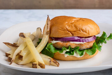 salmon burgeron a brioche bun with fries