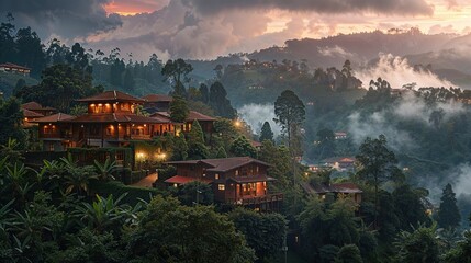 breathtaking aerial view of a serene mountain resort surrounded by lush greenery, with cozy wooden cabins illuminated at dusk, creating a peaceful and tranquil ambiance amidst nature
