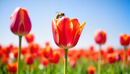 Bee on a vibrant tulip in a colorful flower field under a clear blue sky