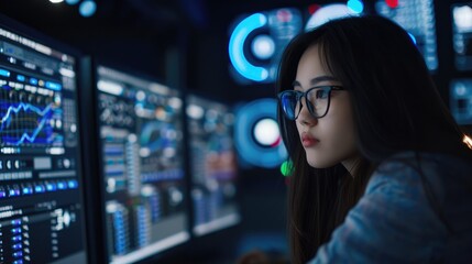 Woman looking at data on computer monitors in a dark room