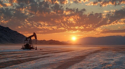 A sunset over a desert with a large oil rig in the foreground