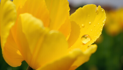 Fototapeta premium Close-up of a yellow tulip petal with a water droplet, showcasing intricate details