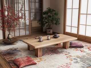A peaceful interior scene of an Asian style living room