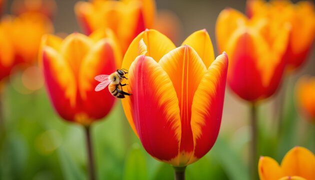 Close-up of a bee on a vibrant red and yellow tulip in a blooming garden