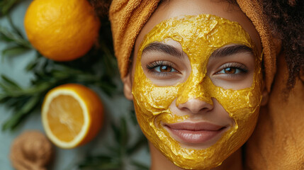 Woman with vibrant yellow face mask smiles, surrounded by oranges and greenery