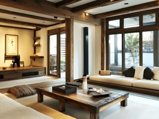 A serene modern living room with wooden elements and natural light