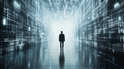 Man standing in a futuristic digital landscape.