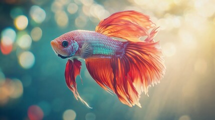 Obraz premium Siamese fighting fish with flowing red and turquoise fins against blurred aquatic background. Elegant betta fish captured in dramatic lighting