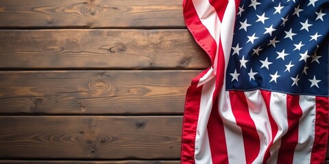 Fototapeta premium United States Flag On Rustic Wooden Background. American Flag on a Rustic Wood Texture. 