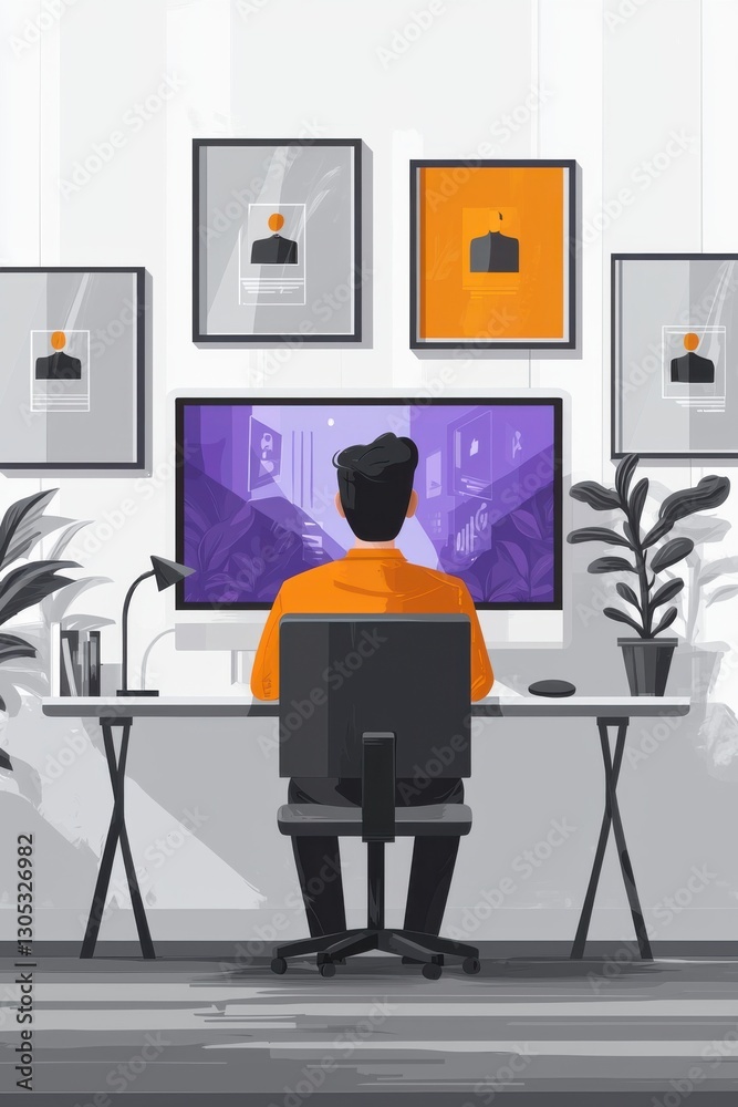 Poster man working at desk with computer in a modern minimalist workspace