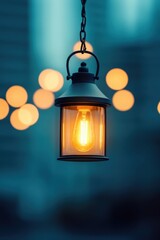 A vintage-style lantern emits a warm glow, suspended against a blurred, cool-toned background, Ideal for themes of nostalgia and ambiance, perfect for home decor, lighting design, or event promotion,
