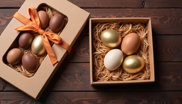 Luxurious chocolate Easter eggs in gold, brown, and cream shades, elegantly packed in a gift box with satin ribbon on wooden table - Powered by Adobe