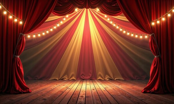 colorful circus stage set with striped red and yellow curtains and string lights, ready for a performance, creating a lively and festive atmosphere