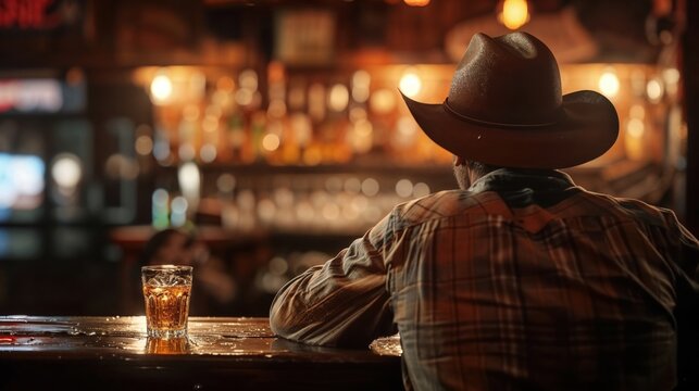 cowboy sitting at a rustic bar, enjoying a glass of whiskey, with the warm ambiance of dim lights and liquor bottles in the background, evoking a western, laid-back vibe