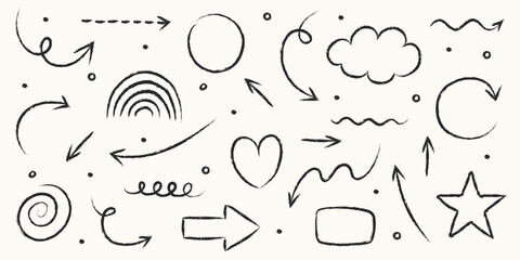 Set of hand drawn grunge arrow, line, square, circle and various shapes. Abstract pencil, crayon and chalk brush style. Doodles. Vector illustration