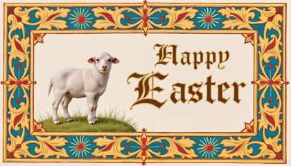 Vintage Easter greeting card with a lamb illustration, ornate gold floral frame, and calligraphy text on a beige background