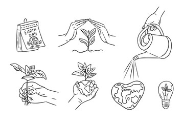 Hand-drawn eco friendly doodle set with Earth Day symbols, plant care, sustainability, and environmental protection in black and white. Vector contour line drawings isolated on white background