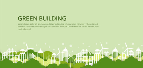 Green building Eco-friendly building in the modern city. urban environment concept. Ecology and green living in city, ESG, renewable energy. paper illustration, Green vector illustration