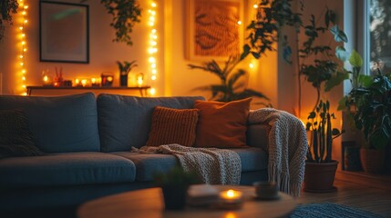 A cozy living room with a plush sofa, warm throw blankets, and soft lighting, accented by plants and a coffee table