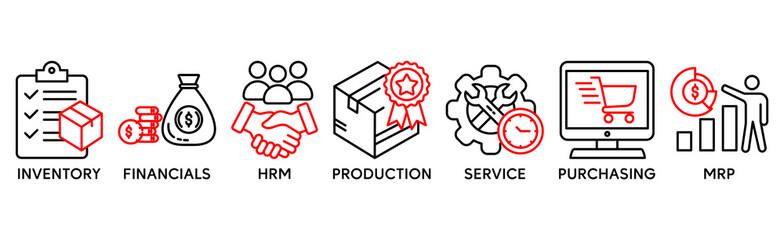 Banner of erp web vector illustration concept enterprise resource planning with icons of inventory, financials, hrm, production, service, purchasing, mrp