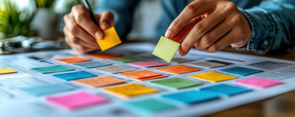 Obraz premium Hands arranging colorful sticky notes during a planning and brainstorming session