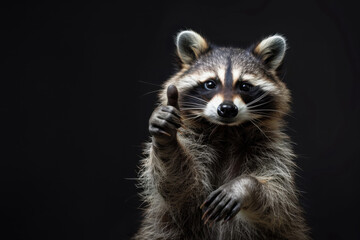Fototapeta premium Raccoon shows enthusiasm with thumbs up against a dark background