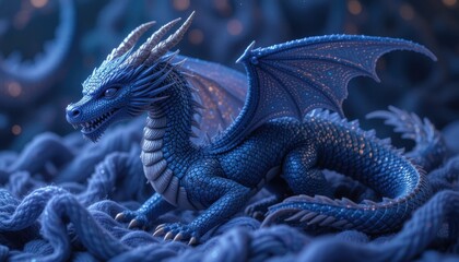 Fototapeta premium Majestic Blue Dragon Figurine Posing on Soft Blue Fabric Fantasy Creature Mythical Beast
