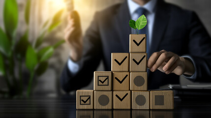 Sustainable Growth Strategy Wooden Blocks Success Pyramid Plant Seedling Business Innovation Development Concept Achievement Complete Tasks and Checkmark