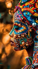 Naklejka premium AI-generated person adorned in vibrant, intricate beadwork against a warm, blurred background