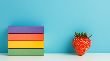 Stacked blocks & strawberry on white surface. Solid aqua background. Concept of healthy treat, snack, education